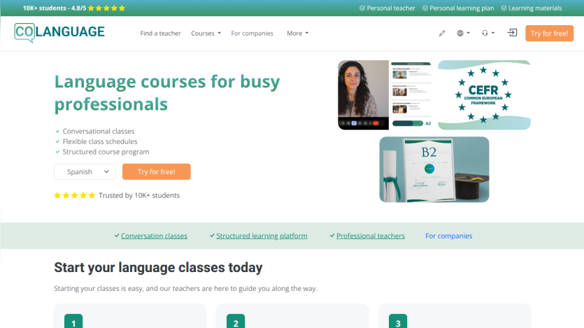 Language courses for busy professionals with conversational classes, flexible schedules, and structured programs, plus a free trial option