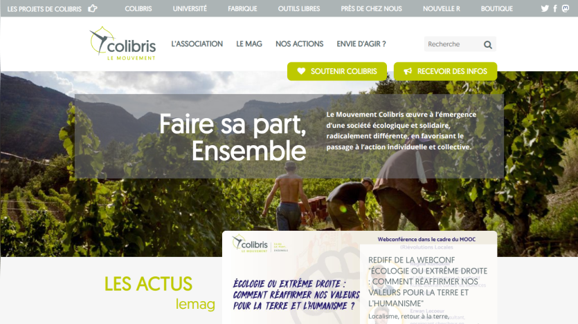 Colibris movement website promoting ecological and solidarity society with calls to support and receive information