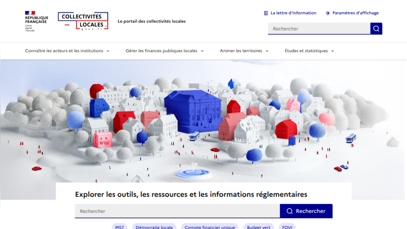 French government local communities portal with navigation menu, search bar, and stylized town illustration