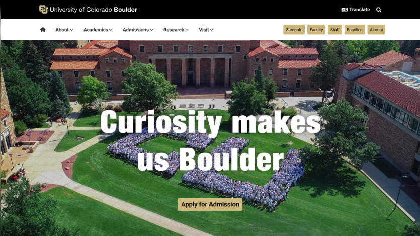 University of Colorado Boulder homepage featuring a large text banner and admission application button.