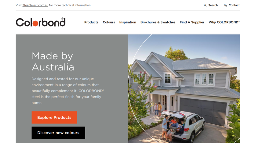Colorbond homepage with navigation, headline 'Made by Australia', and image of a house with a car in driveway