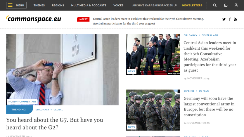 News site commonsapce.eu with headlines on G2, Central Asian leaders meeting, and Germany's army size