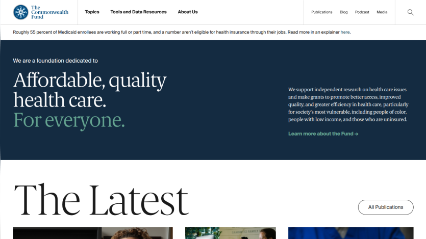 Homepage of The Commonwealth Fund highlighting affordable health care services.