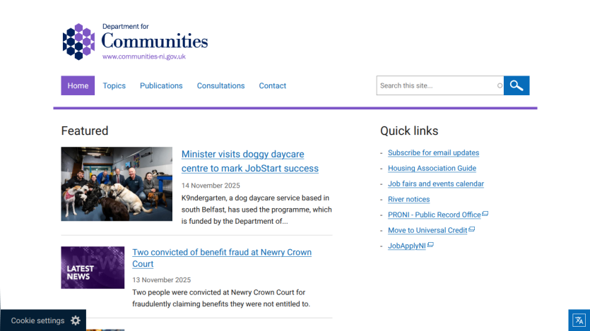 Department for Communities homepage with news articles and quick links, including a story about a doggy daycare and benefit fraud convictions.