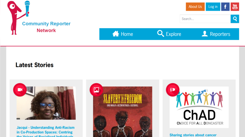 Community Reporter Network homepage with navigation and latest stories including anti-racism and cancer awareness topics
