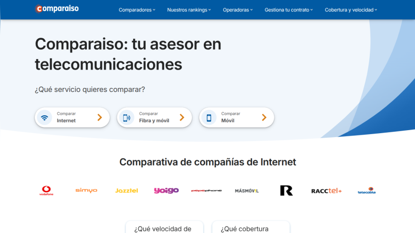 Comparaiso homepage offering telecommunications comparison services for Internet, fiber and mobile, with logos of various internet companies.