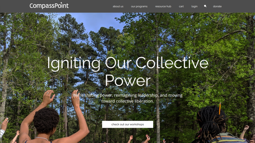 CompassPoint website with navigation and a hero section titled 'Igniting Our Collective Power' promoting workshops