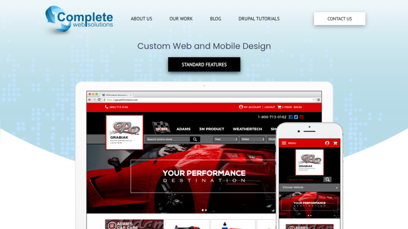 Complete Web Solutions homepage with navigation and hero showcasing custom web and mobile design services