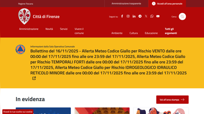 Città di Firenze website with weather alert bulletin for wind, storms, and hydrogeological risk on 16-17 November 2025