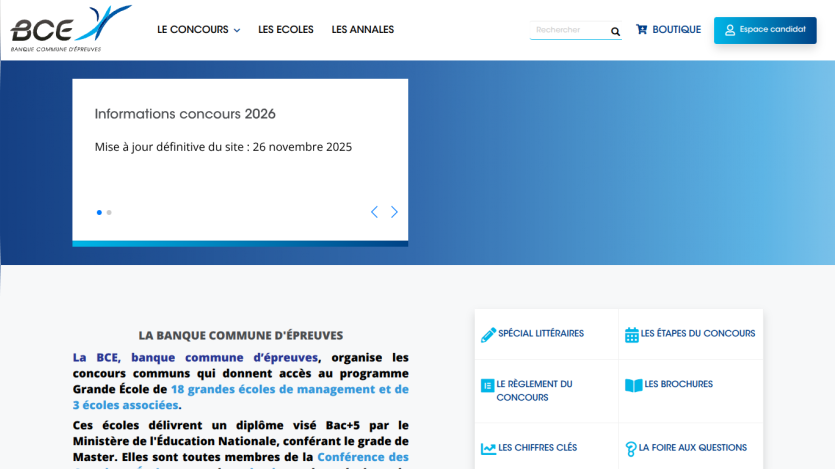 BCE website homepage with contest info for 2026, navigation menu, and details about the common exam for 18 management schools