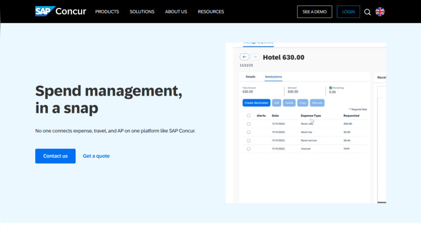 SAP Concur homepage with headline 'Spend management, in a snap', description, contact and quote buttons, and expense management screenshot