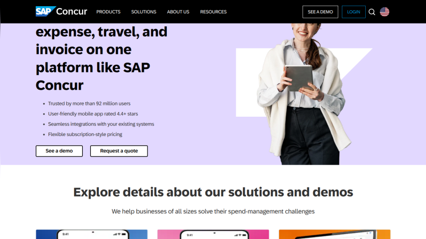 SAP Concur homepage showcasing expense, travel, and invoice management solutions.
