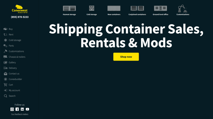 Conexwest website header with contact number, navigation menu, and hero section promoting shipping container sales, rentals, and modifications with a shop now button