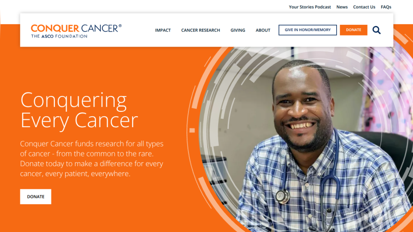 Conquer Cancer homepage with a call to fund cancer research and a smiling doctor image