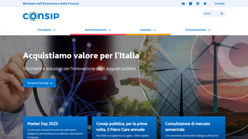 Consip homepage with navigation, headline about adding value to Italy, and info on Market Day 2025 and annual plans