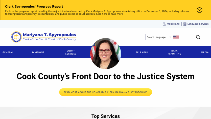 Cook County's Front Door to the Justice System with navigation and call-to-action button
