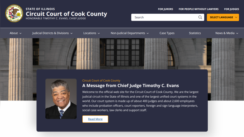 Circuit Court of Cook County homepage with message from Chief Judge Timothy C. Evans and navigation menu