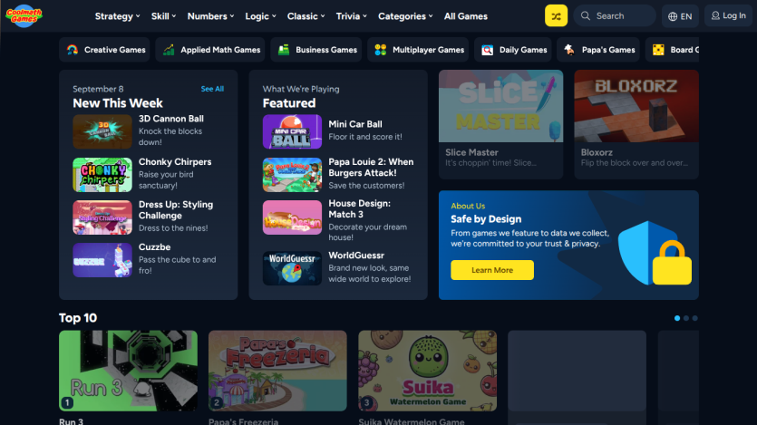 Homepage featuring game categories, highlighted games, and a promotional banner.