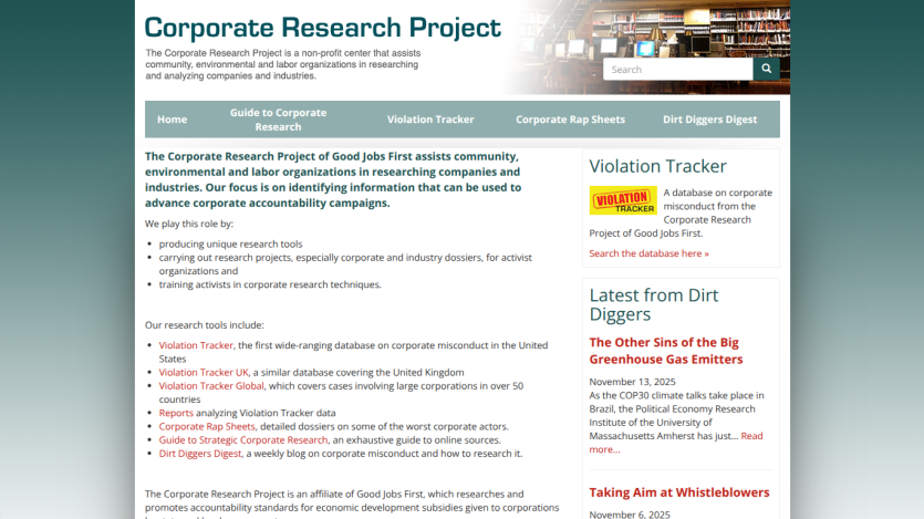 Corporate Research Project homepage with navigation, mission statement, research tools, and latest updates on corporate misconduct.