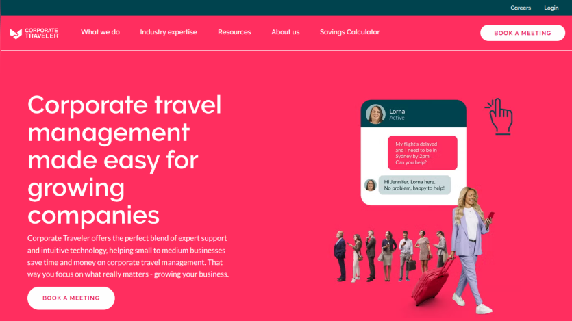 Corporate travel management service for growing companies with expert support and technology, featuring a booking call to action
