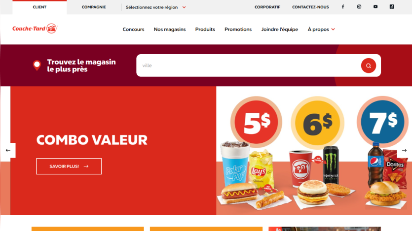 Couche-Tard website with navigation menu, store locator, and value combo meal offers priced at 5$, 6$, and 7$