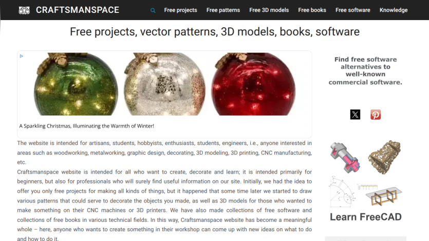 Craftsmanspace homepage offering free projects, vector patterns, 3D models, books, and software for artisans and hobbyists.