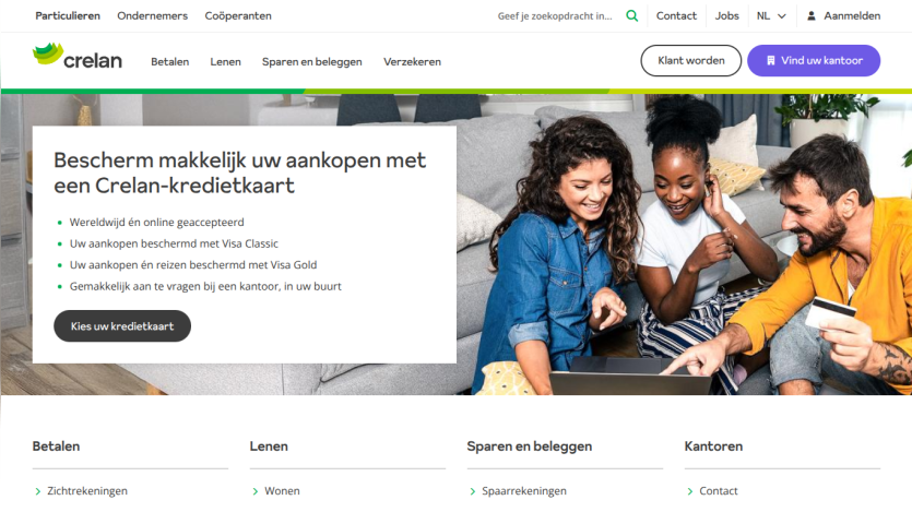 Crelan credit card promotion with smiling people and benefits listed in Dutch