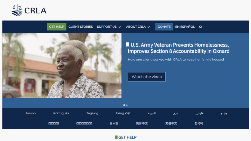 CRLA homepage with navigation and hero story about a U.S. Army veteran preventing homelessness in Oxnard