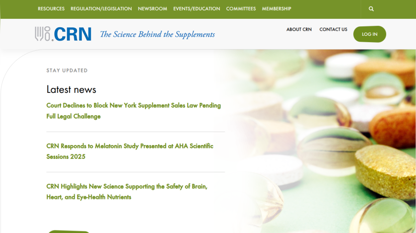 CRN website with navigation menu, logo, login button, and latest news headlines about supplement science and legislation
