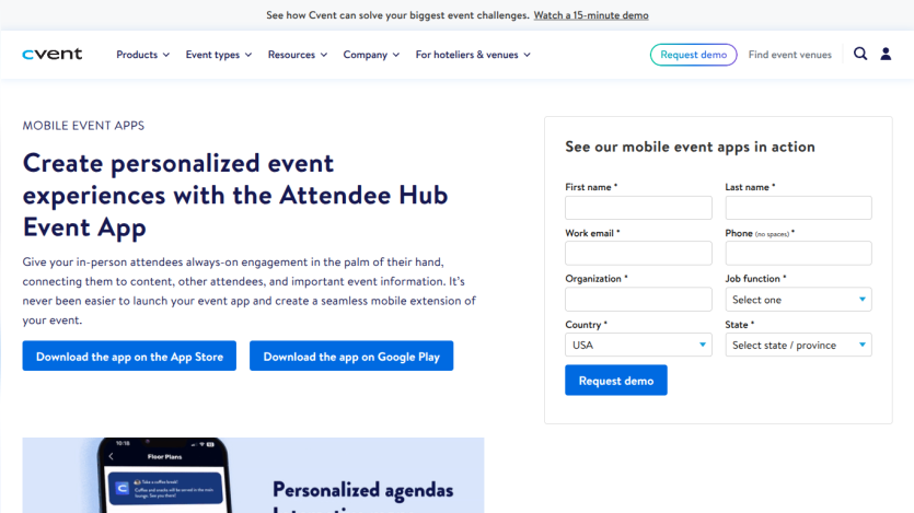 Cvent Attendee Hub Event App offers personalized event experiences with app download links and demo request form.