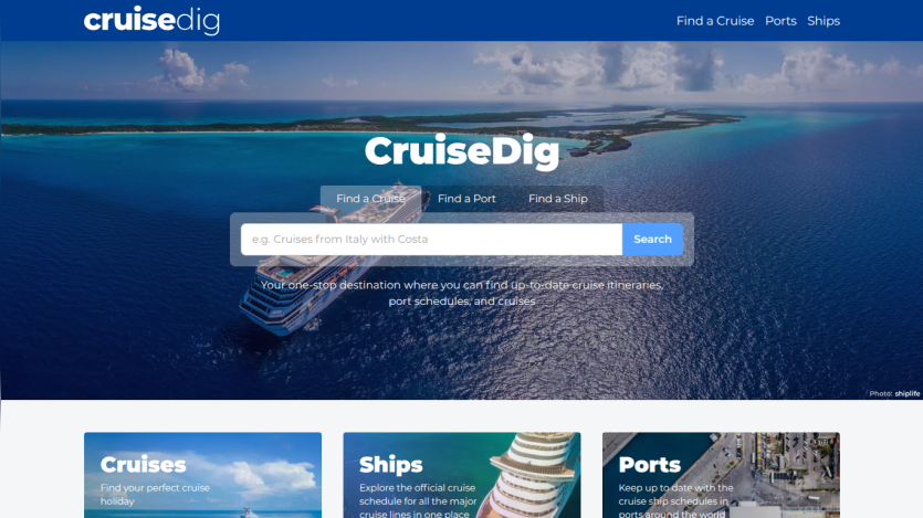CruiseDig homepage with search bar to find cruises, ports, or ships over ocean background