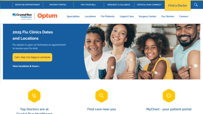 Healthcare site showing 2025 flu clinic dates, scheduling phone number, and smiling family with bandages