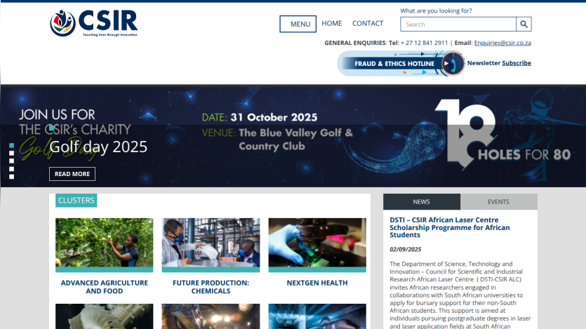 CSIR website showcasing upcoming events and research areas with navigation links.
