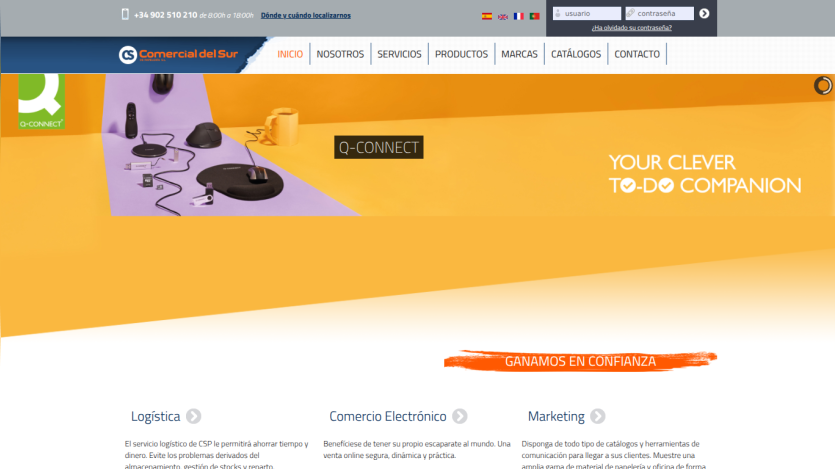 Comercial del Sur website header with navigation and hero section promoting Q-Connect as a clever to-do companion