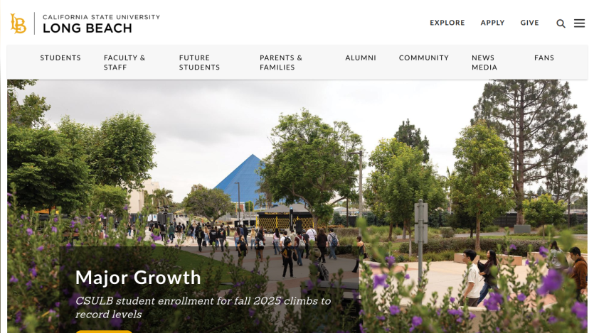 Homepage of California State University, Long Beach featuring a growth announcement and campus image.