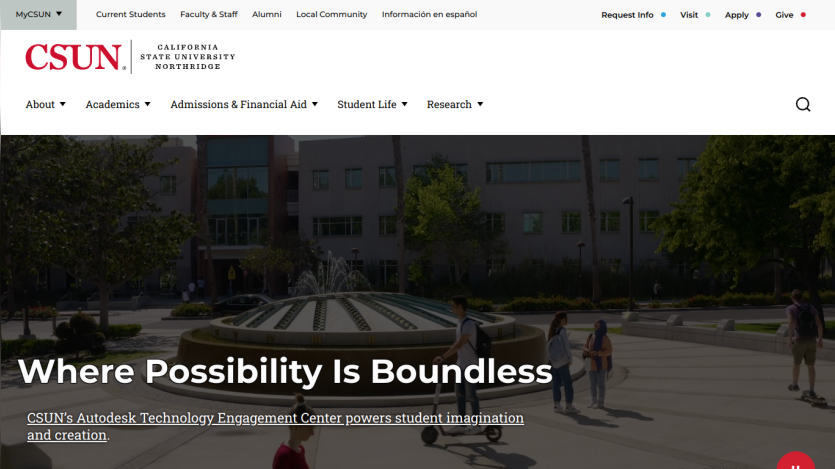 CSUN campus fountain with text 'Where Possibility Is Boundless' promoting the Technology Engagement Center.