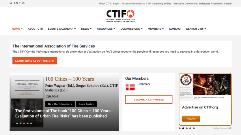 Homepage of CTIF, the International Association of Fire Services, featuring navigation menu, introduction text, and news about fire investigation meeting.