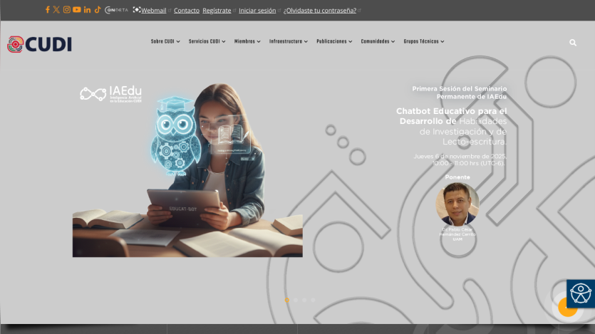 Educational chatbot seminar announcement with date, time, and speaker details on CUDI website