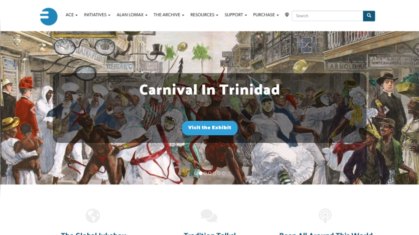 Website homepage featuring Carnival in Trinidad exhibit with navigation menu and search bar