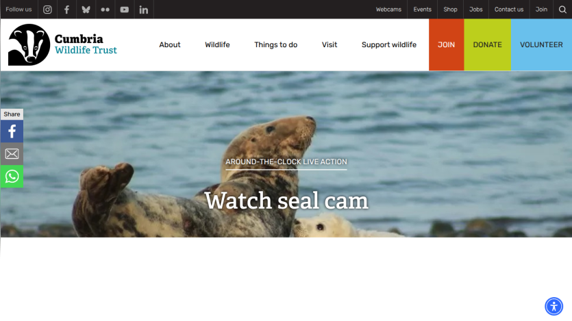 Cumbria Wildlife Trust homepage with navigation and live seal cam hero section