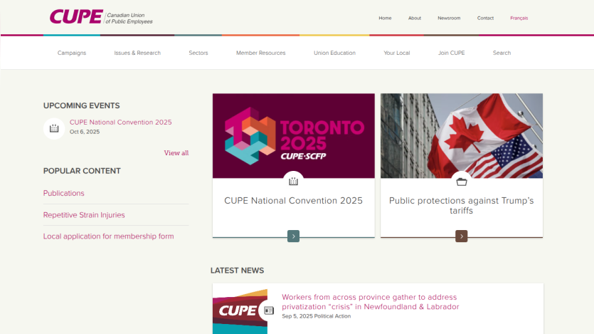 CUPE website featuring upcoming events, popular content, and latest news sections.