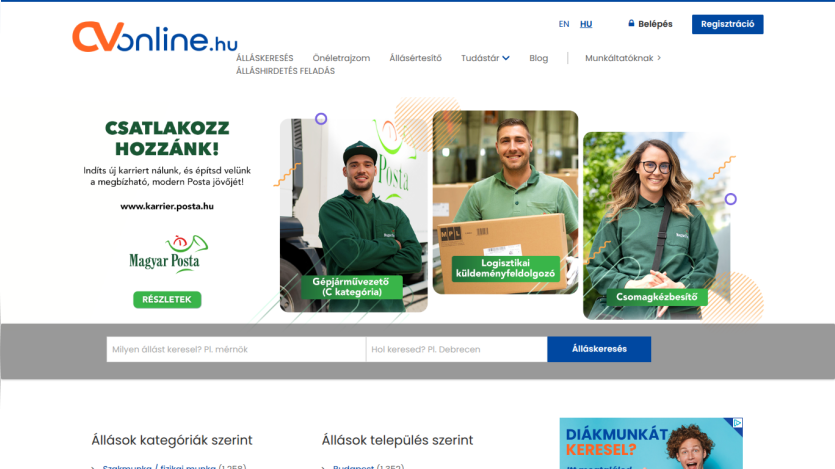 Job search website homepage with Magyar Posta career invitation and job search bar