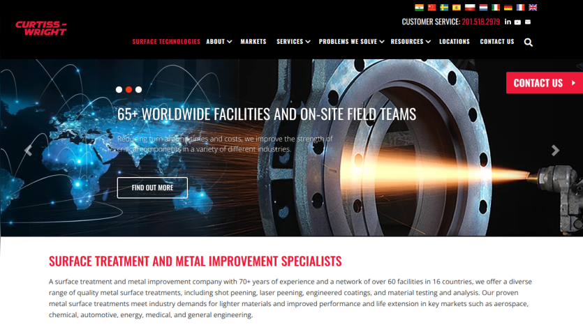 Curtiss-Wright homepage highlighting 65+ worldwide facilities and on-site field teams with surface treatment expertise