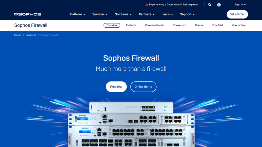 Sophos Firewall product page with a blue background and key features highlighted.