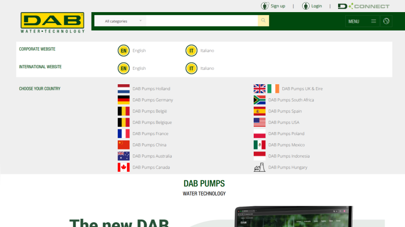 DAB Pumps website with language and country options, search bar, and hero section introducing water technology products