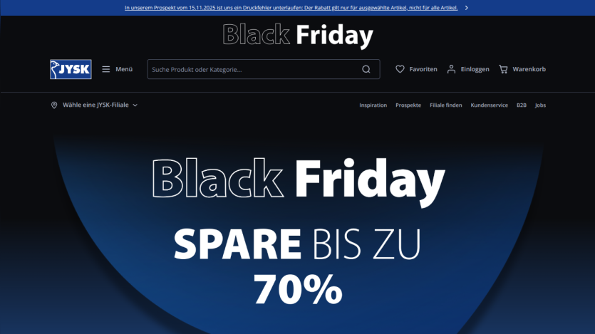 JYSK website Black Friday sale with up to 70% discount promotion and navigation menu