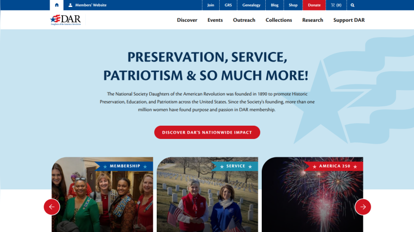 Homepage of DAR featuring a mission statement and navigation links.