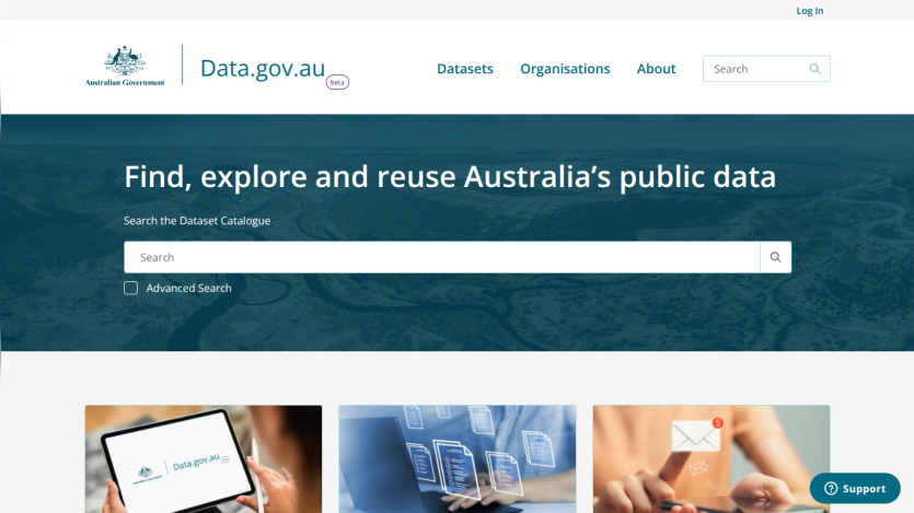 Homepage of Data.gov.au featuring a search bar for public data.