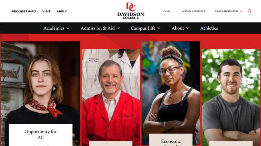 Davidson College homepage featuring diverse students and key sections: Academics, Admission & Aid, Campus Life.
