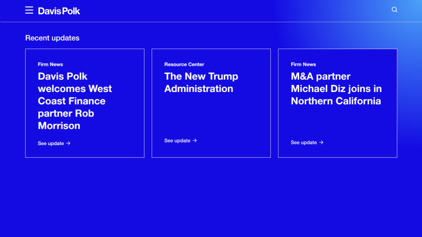 Recent updates section featuring news articles from Davis Polk.